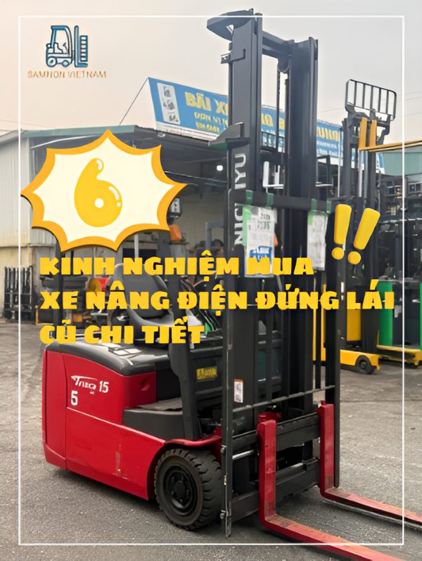 Xe nâng điện đứng lái cũ trong kho thực tế