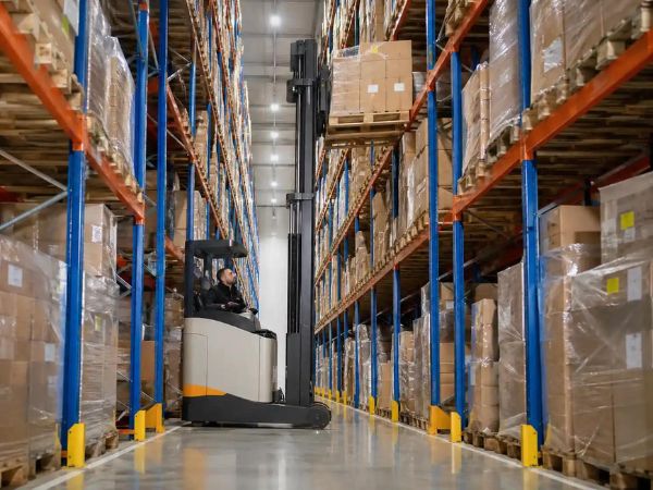 Xe nâng Reach Truck giúp nâng hàng lên kệ cao tầng